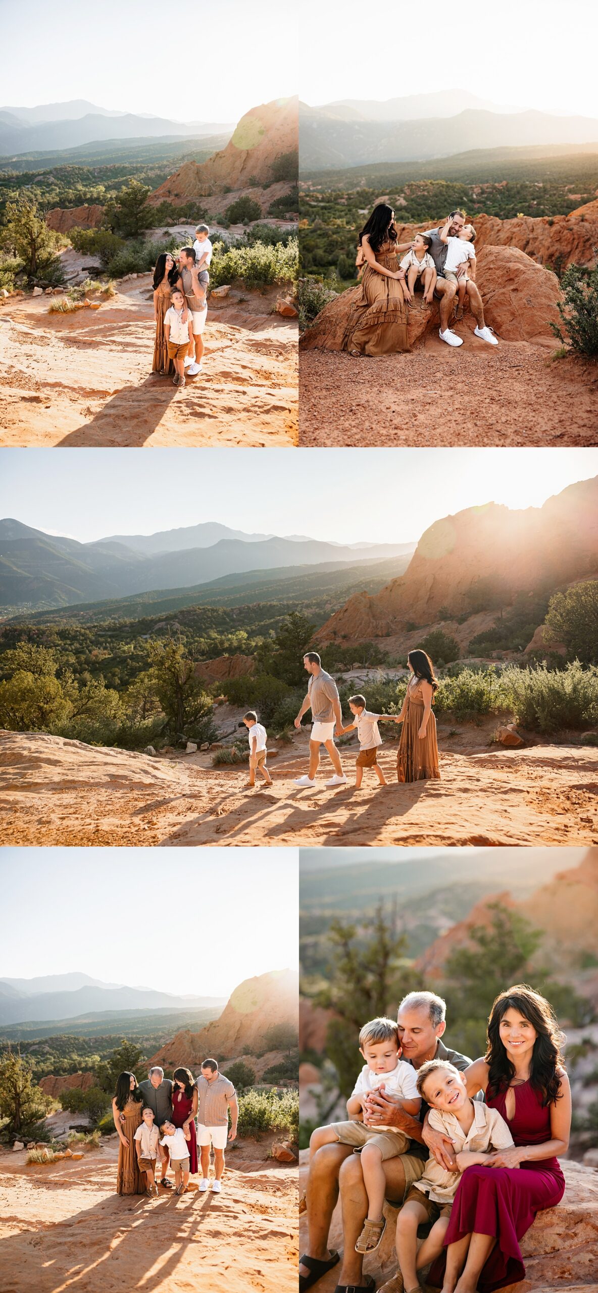 Grandparents and family sharing candid moments and sitting together on red rocks with mountain views in Colorado Springs