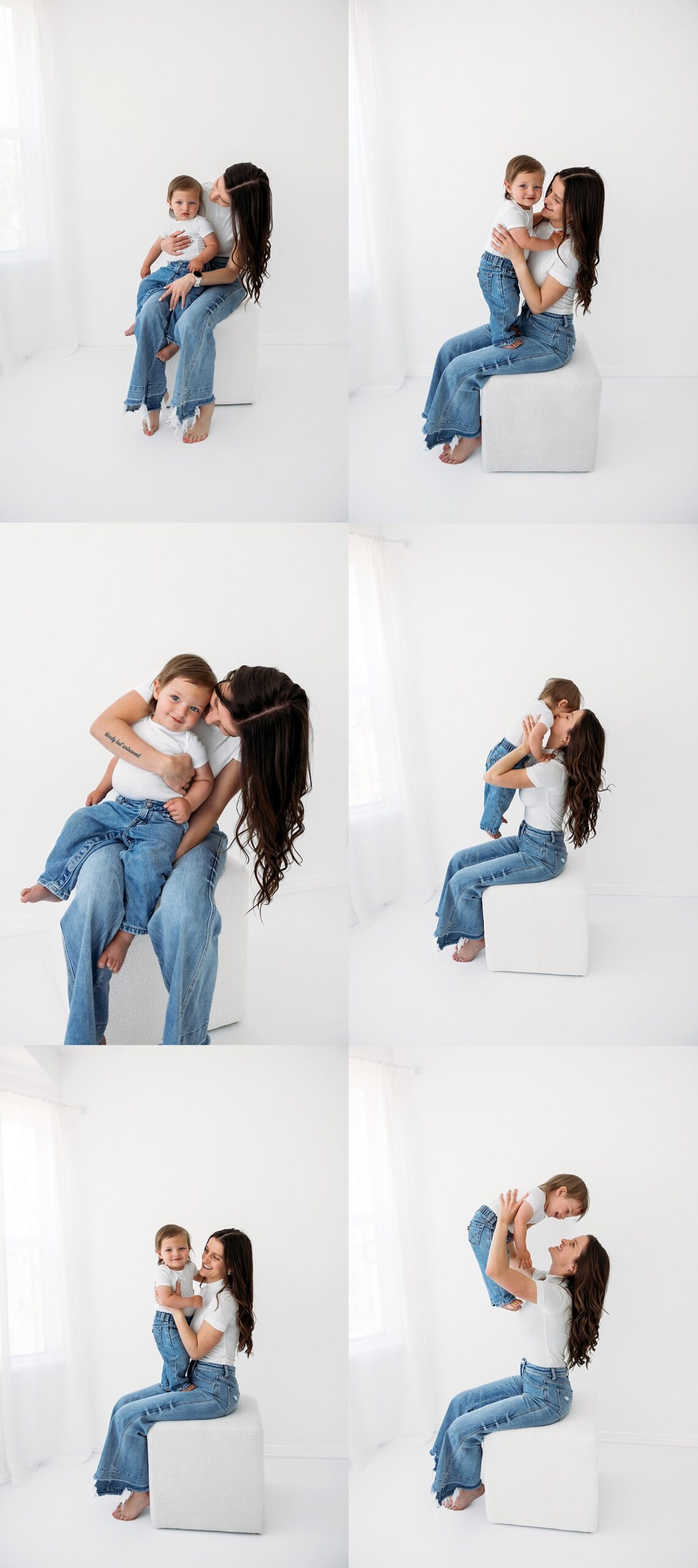 Mom and toddler sharing sweet moments, hugs, and laughter during a light-filled studio motherhood session