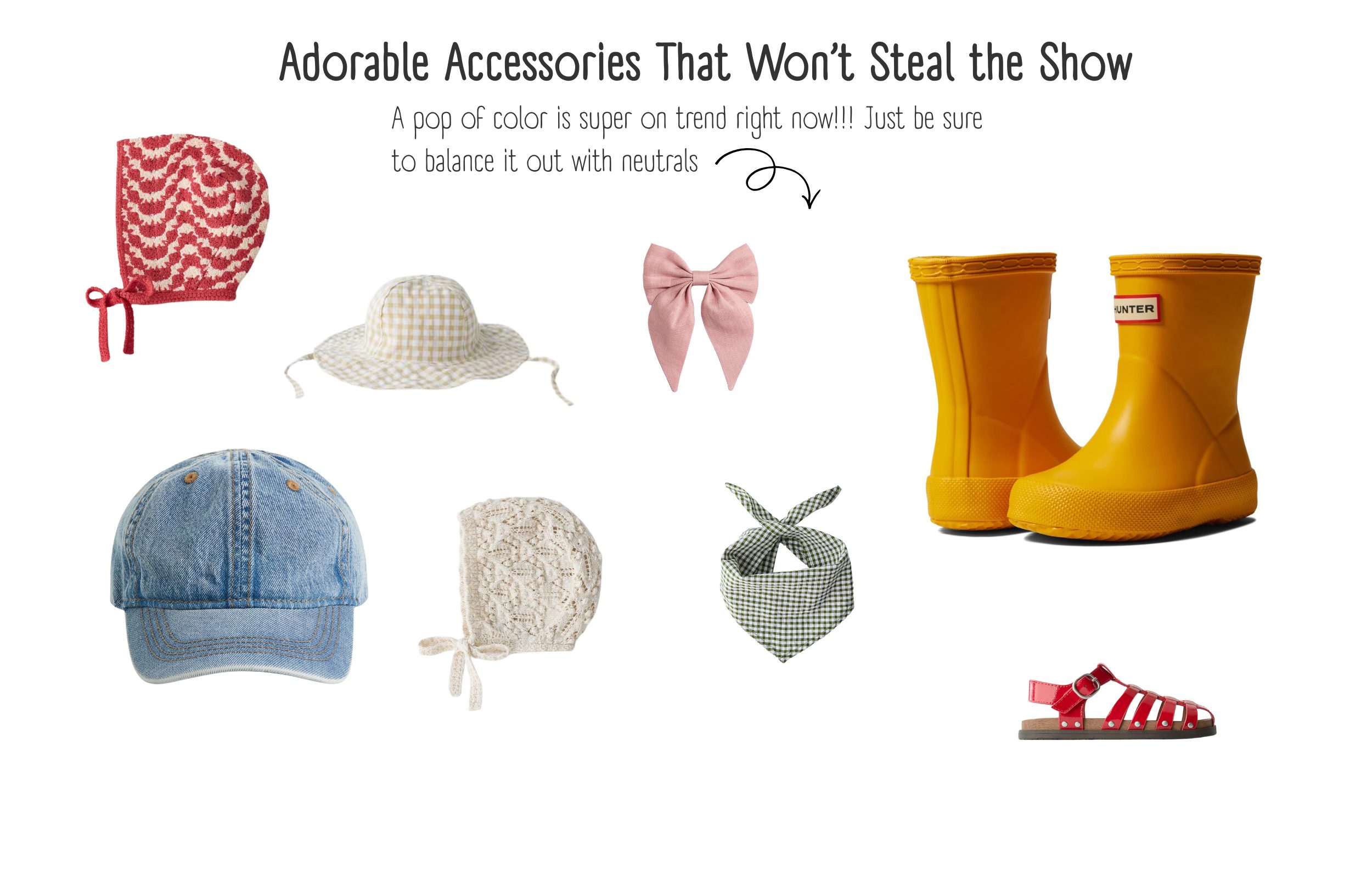 Summer Outfits for Babies and Toddlers with adorable accessories like bonnets, bows, hats, and neutral styling