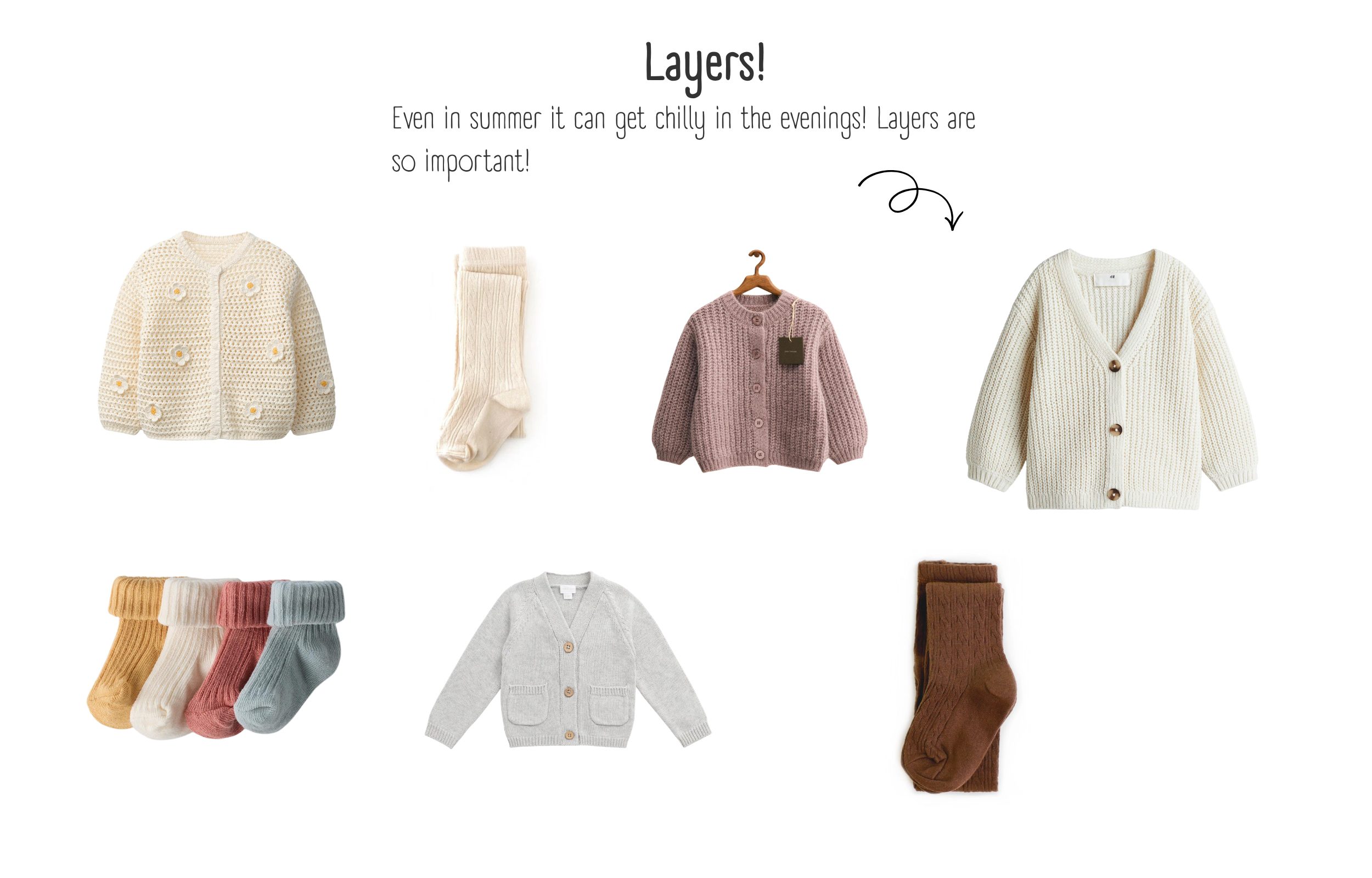 Summer Outfits for Babies and Toddlers featuring cozy layers like cardigans and socks for cooler evenings