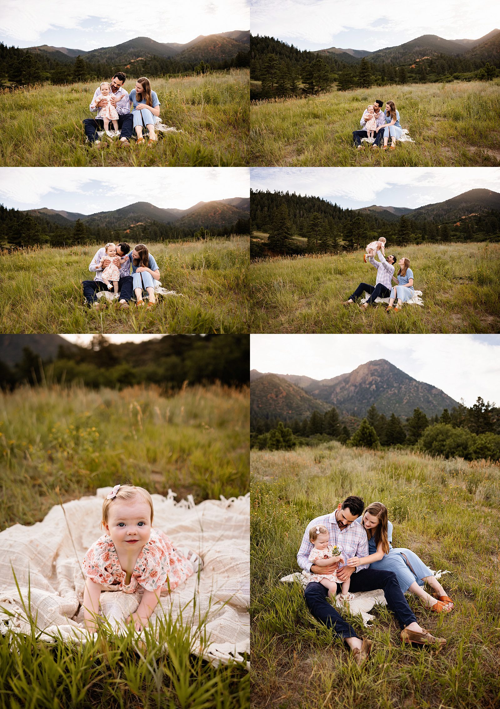 Family sitting together in a grassy meadow on a blanket, sharing candid moments with mountain views in the background