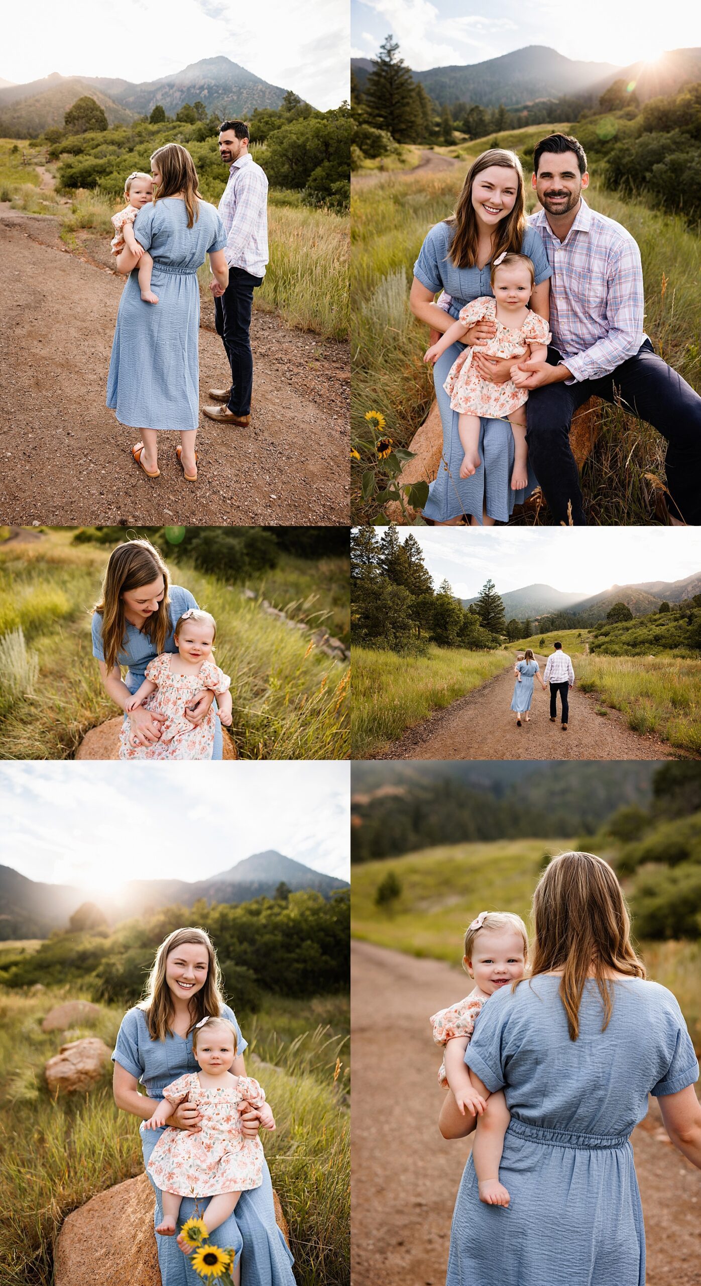 Summer Photo Session in Colorado Springs featuring a family of three walking and cuddling along a scenic mountain trail at sunset