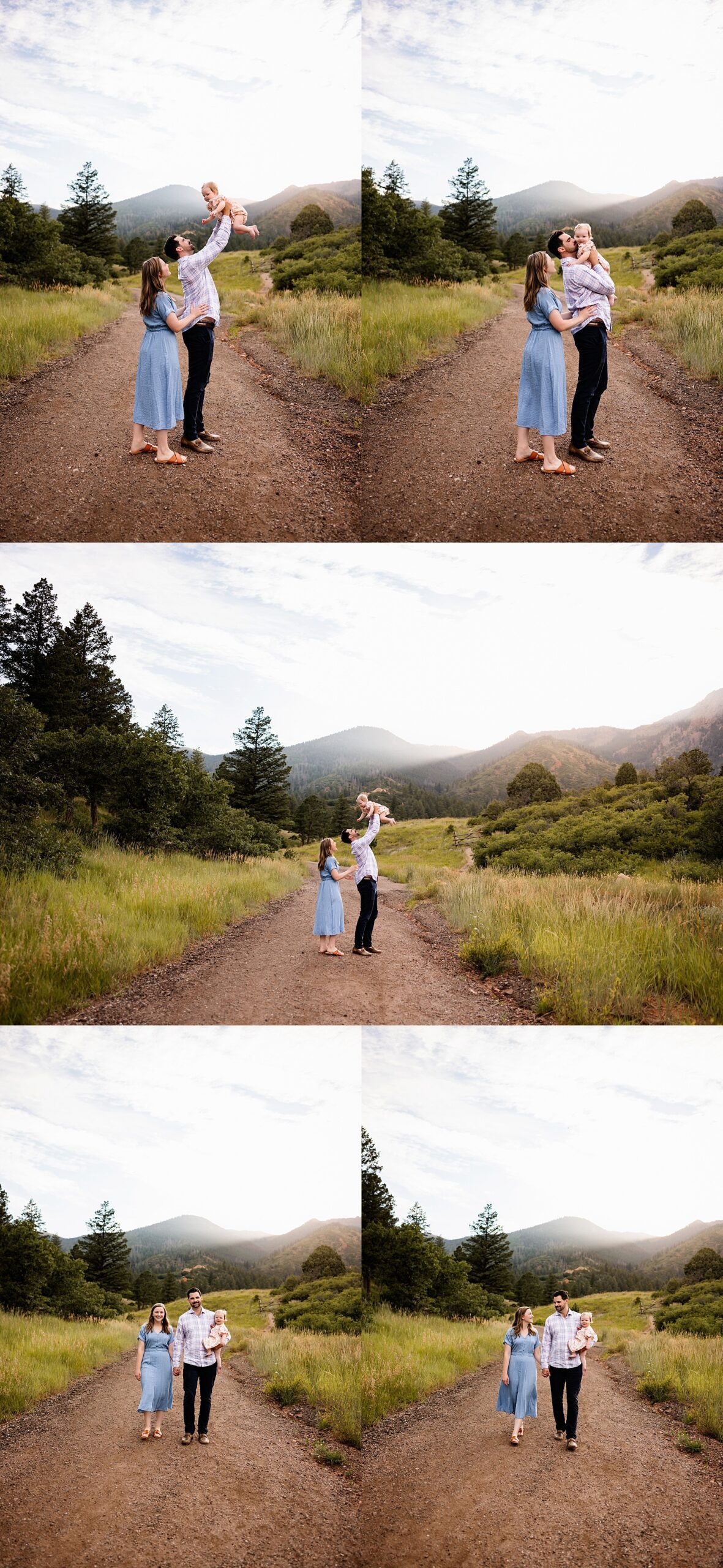 Summer Photo Session in Colorado Springs with parents lifting their baby girl and walking together on a peaceful mountain trail