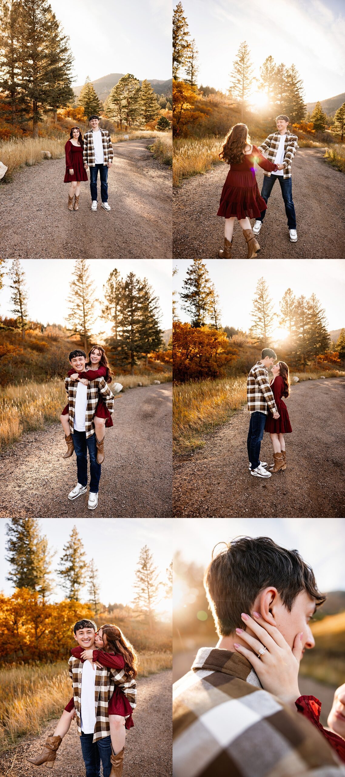 Couple laughing and spinning together on a sunlit dirt road with autumn trees in Colorado Springs