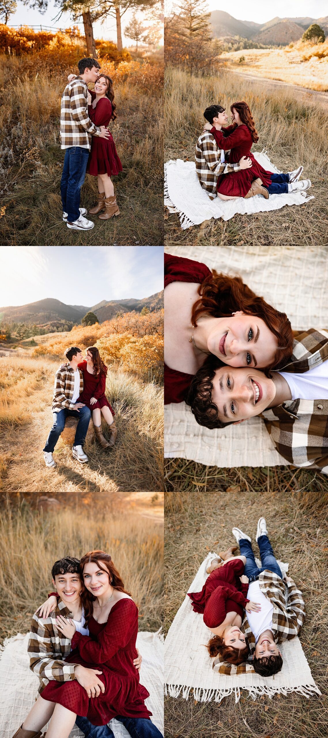 Fall Engagement Photos in Colorado Springs collage of couple cuddling, laughing, and relaxing on a blanket in golden autumn light