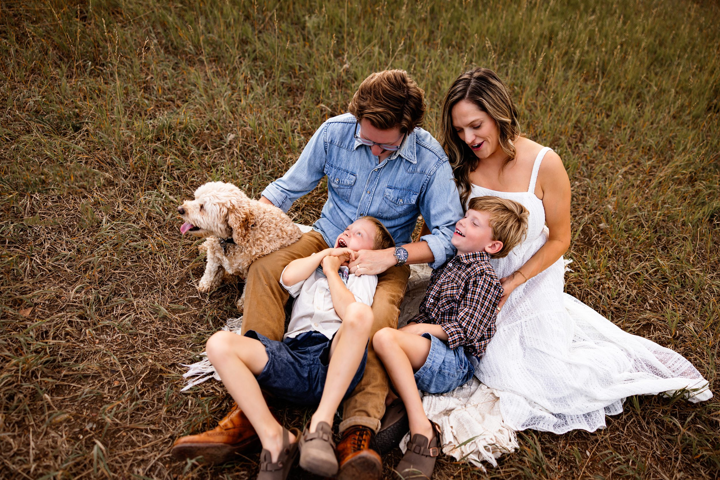 Family photos in North Cheyenne Canon capturing candid laughter as parents and kids relax together in tall grass