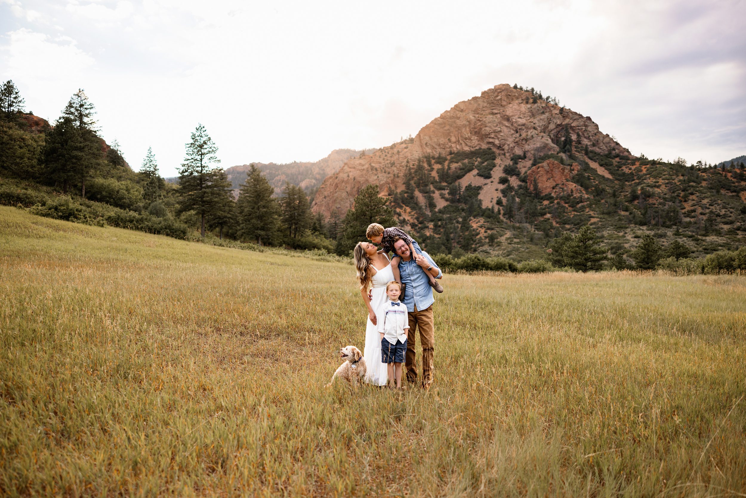 Family of four standing together in a grassy field with mountains behind them and soft evening light