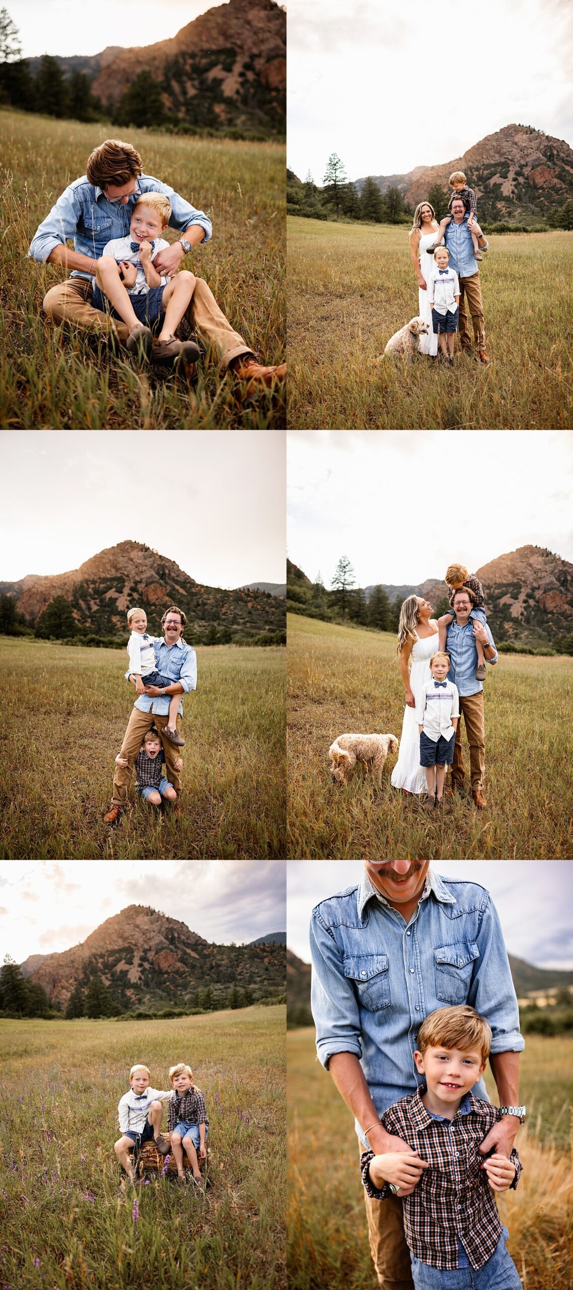 Family photos in North Cheyenne Canon showing playful moments with dad and kids, candid interactions, and relaxed portraits in an open meadow with mountain views