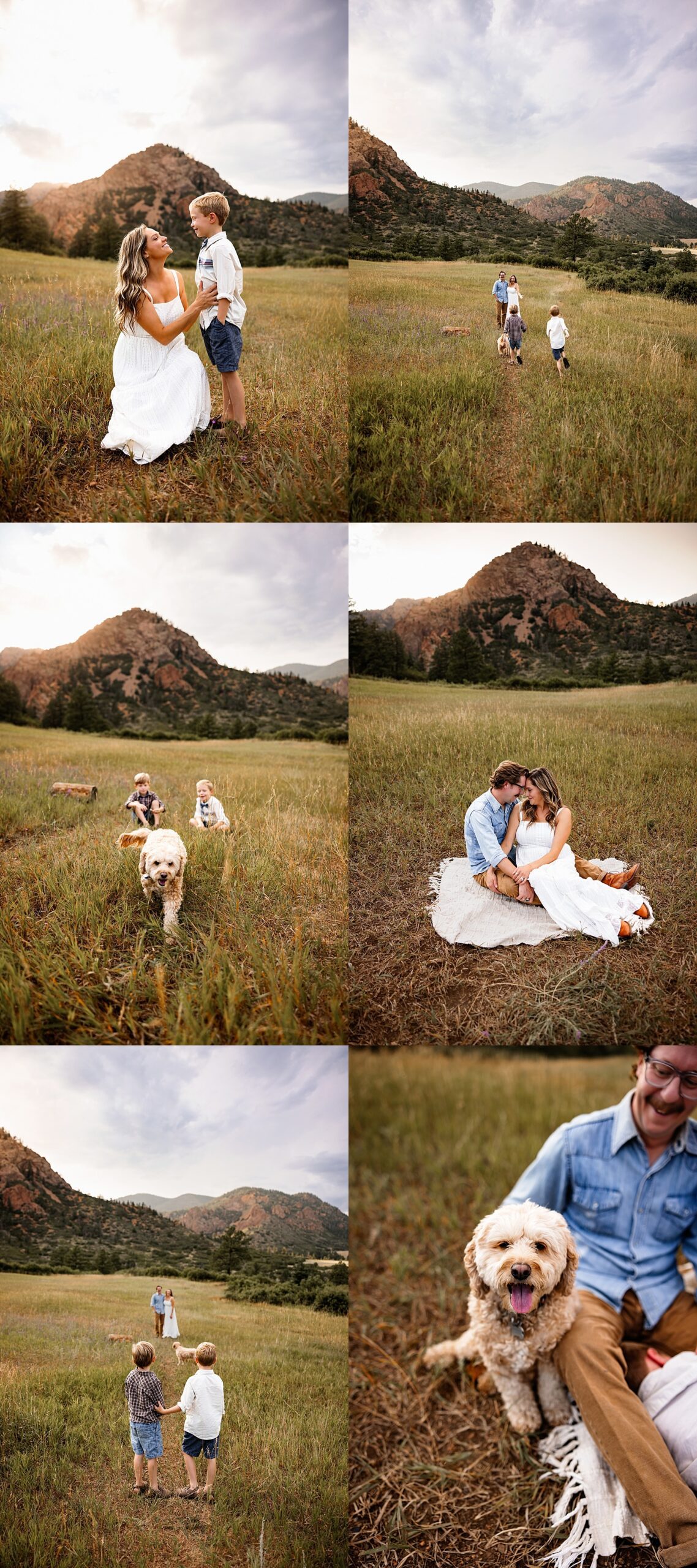 Family photos in North Cheyenne Canon capturing candid moments of kids running, parents sitting together, and a dog in a scenic grassy field at sunset