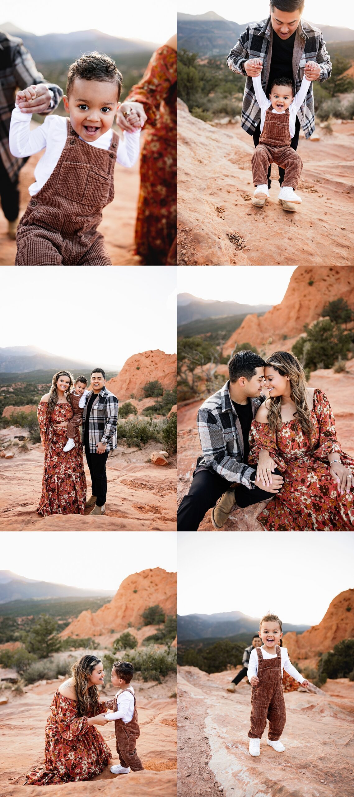 Warm golden hour family collage with toddler exploring, parents hugging, and joyful connection in a scenic mountain setting