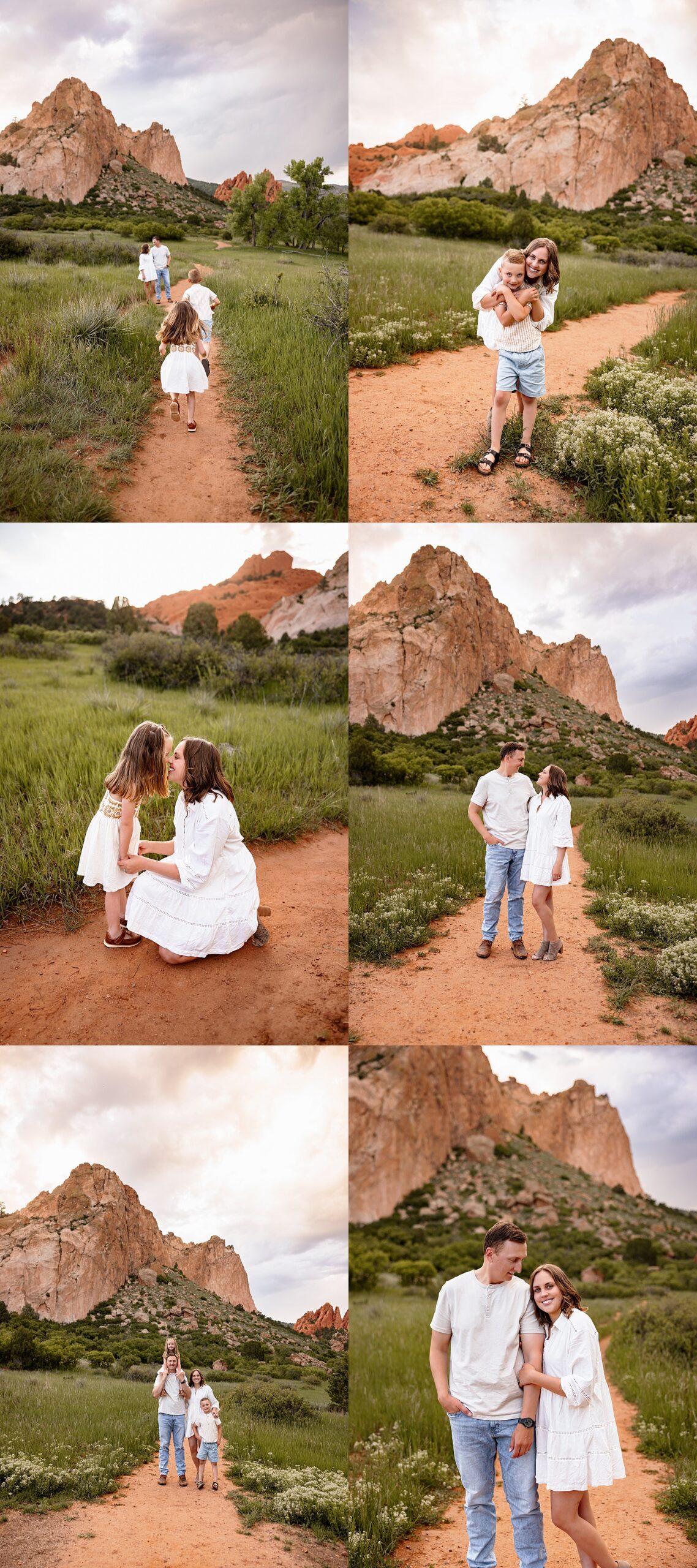 Photo session weather in Colorado featuring a collage of a family walking along a trail, candid kid moments, and playful interactions at Garden of the Gods