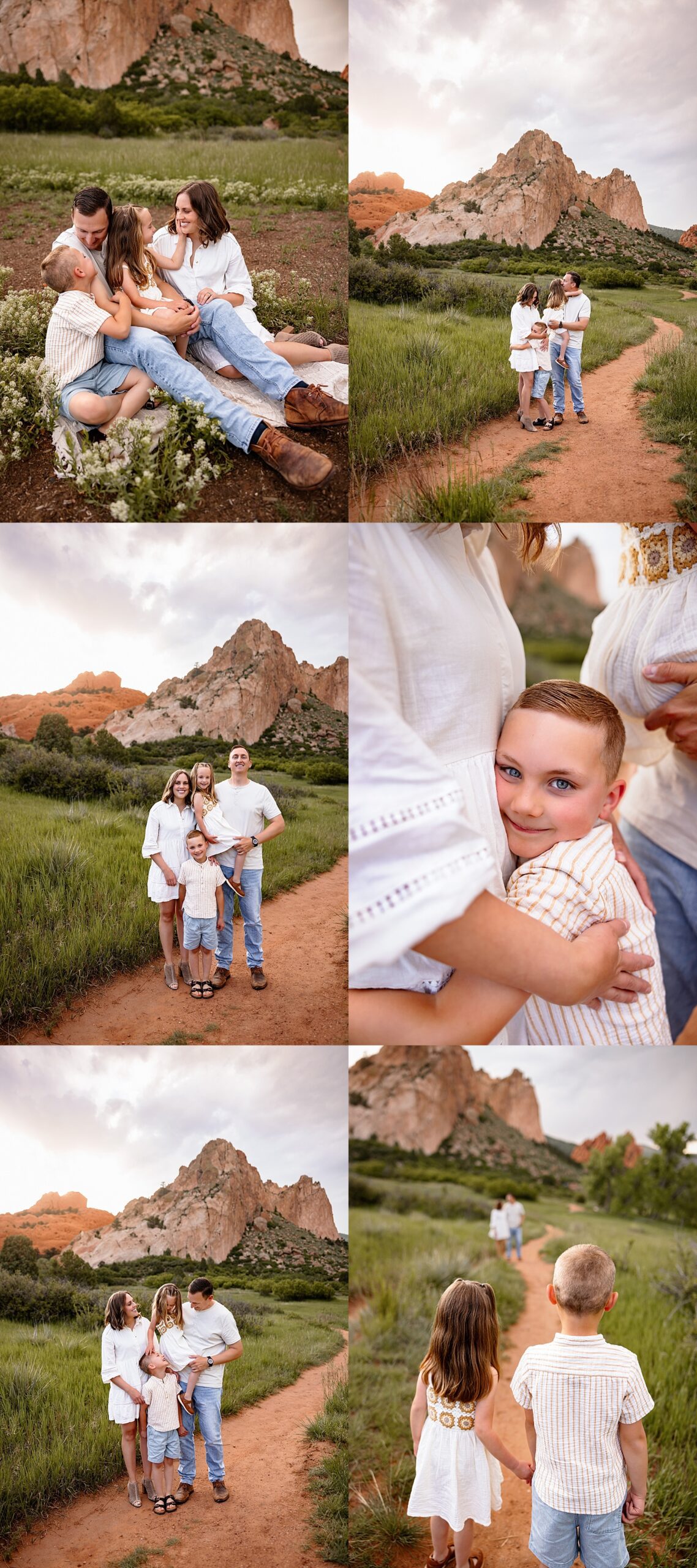 Photo session weather in Colorado showing a collage of a family cuddling, walking together, and sharing connection in a scenic red rock landscape
