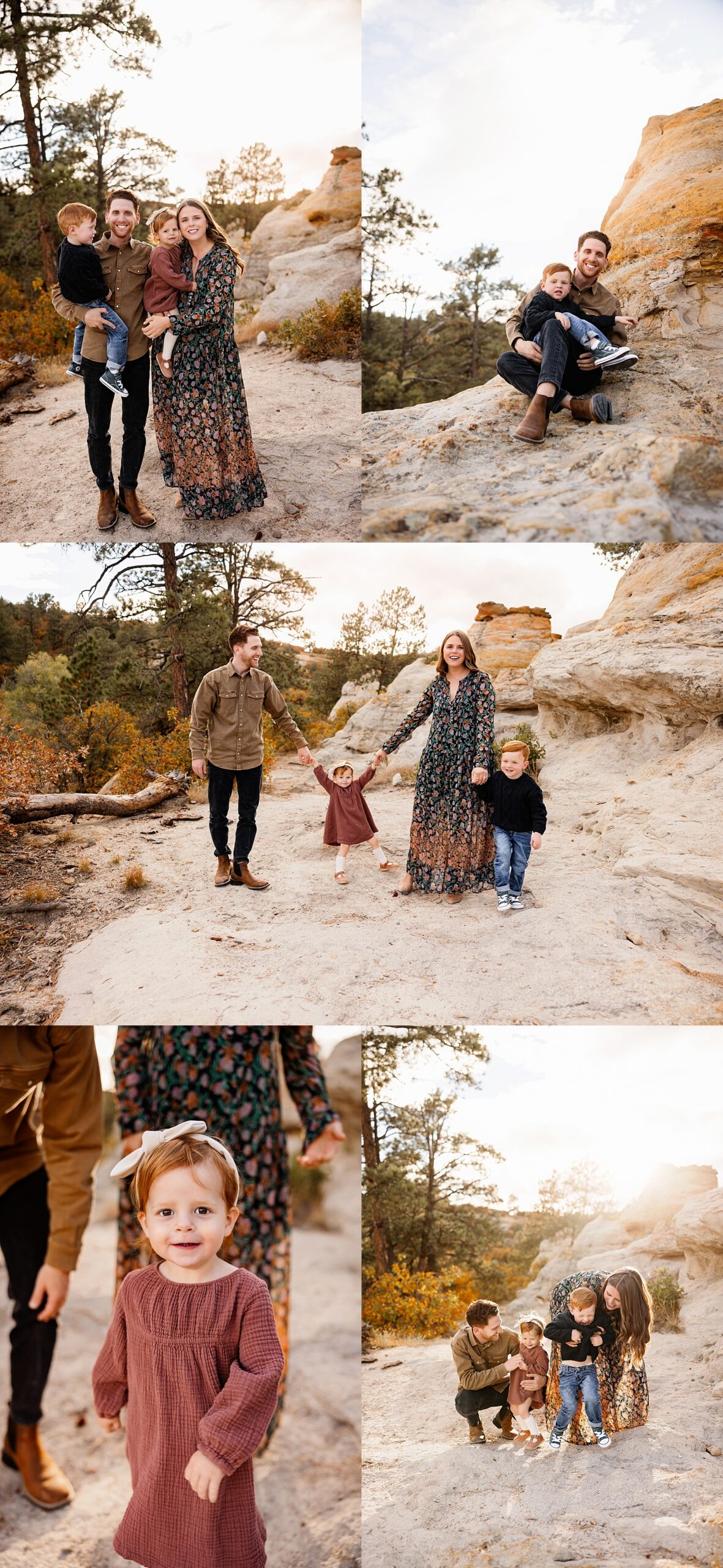 Photo session with toddler in Colorado Springs capturing a family walking together, holding hands, and snuggling their toddler among soft golden light and sandstone formations