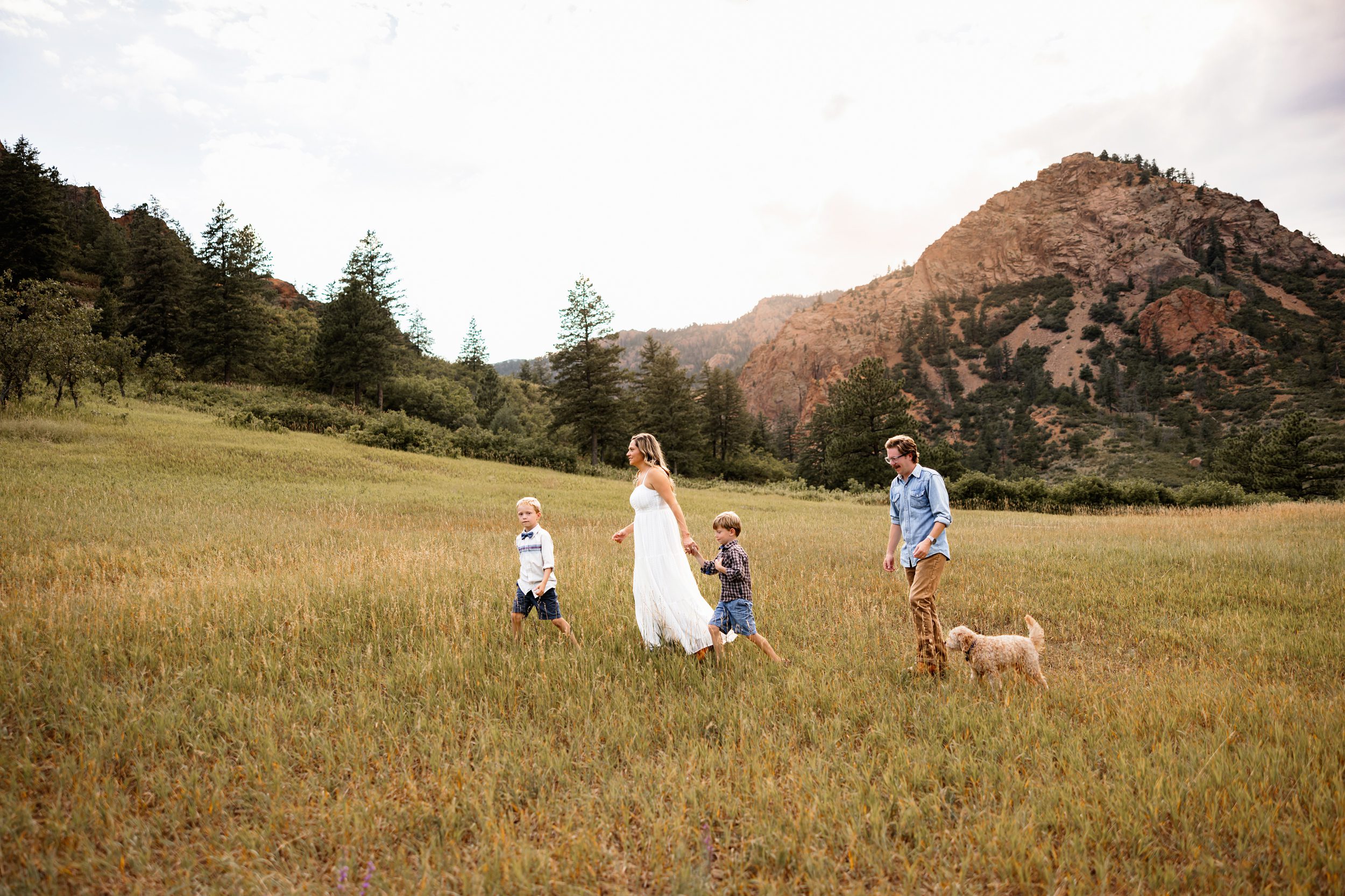 Family walking through a field at sunset with mountains and soft glowing light in the distance