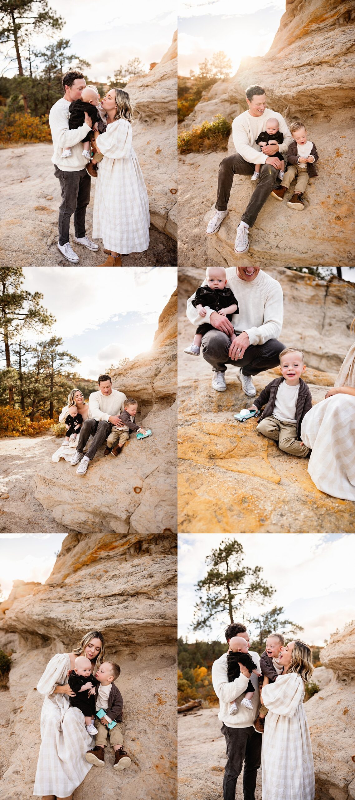 Joyful family interacting and playing together on warm sandstone rocks during golden hour