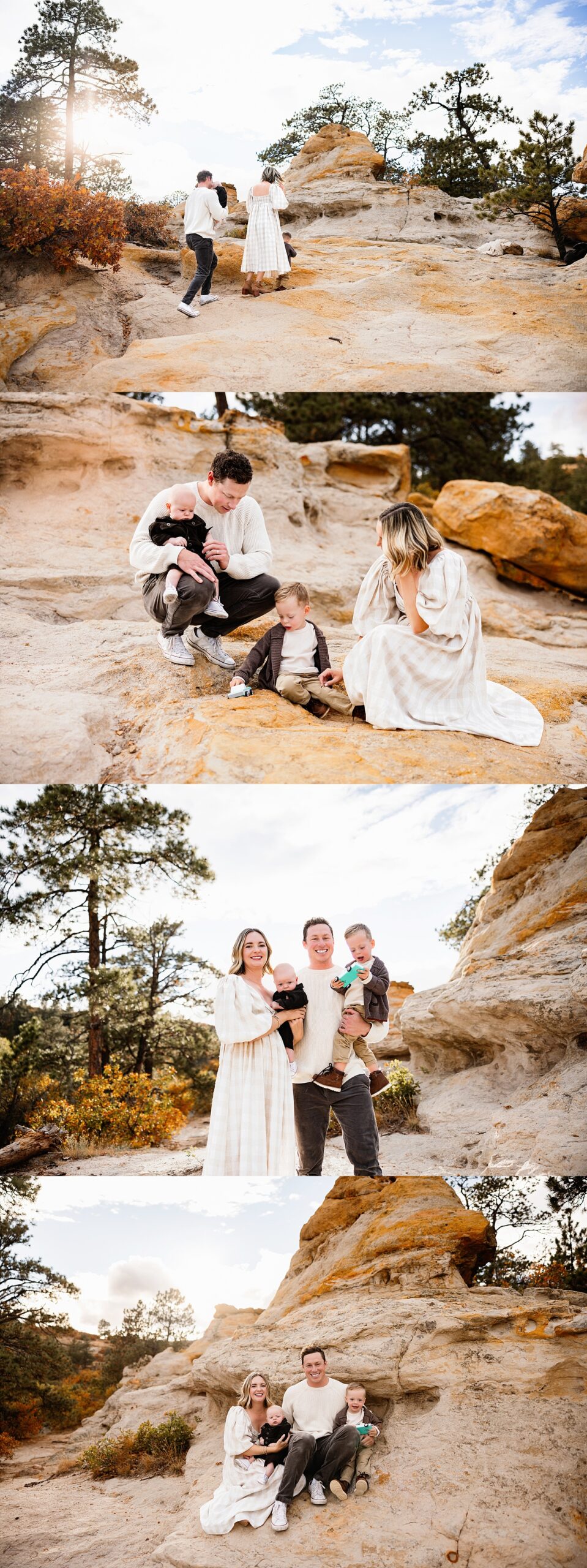 Candid family moments exploring rocky terrain in Colorado Springs with soft fall colors, natural movement, and relaxed connection
