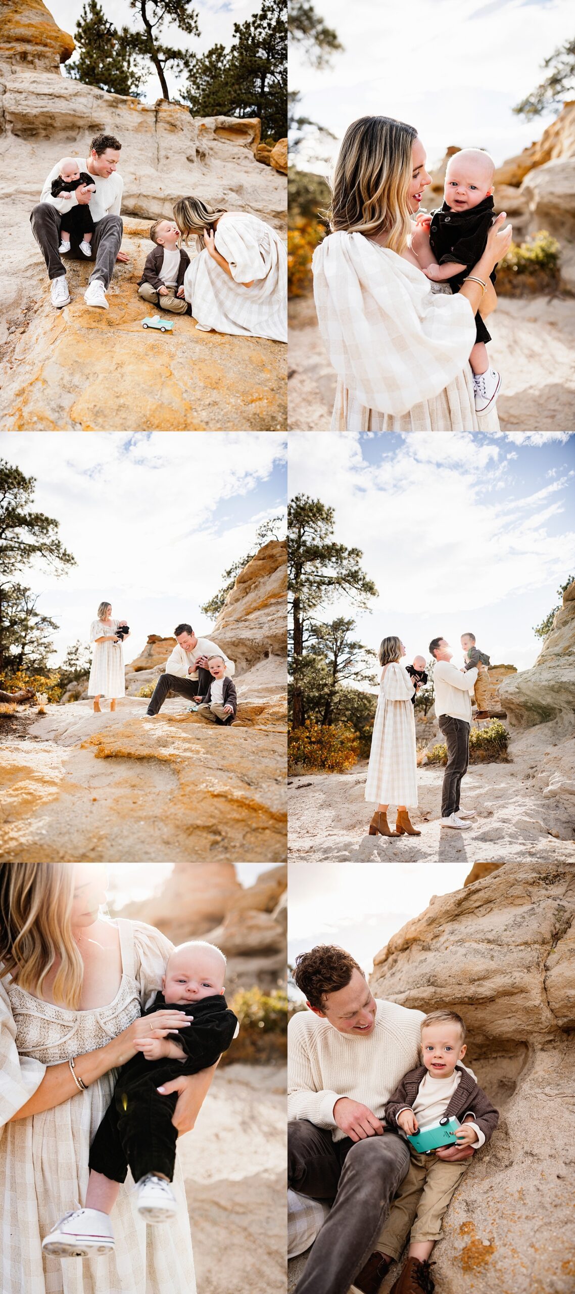 Featuring a family laughing, holding their kids, and enjoying a sunlit adventure session among sandstone formations