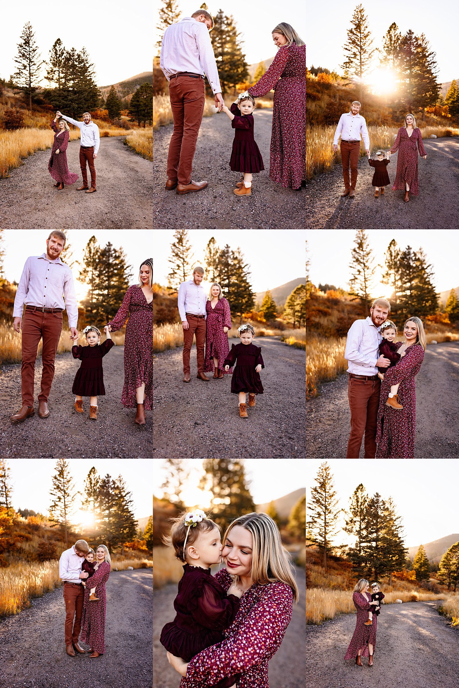 Family mini session collage in Colorado Springs with parents and toddler walking along a sunlit fall path surrounded by golden trees