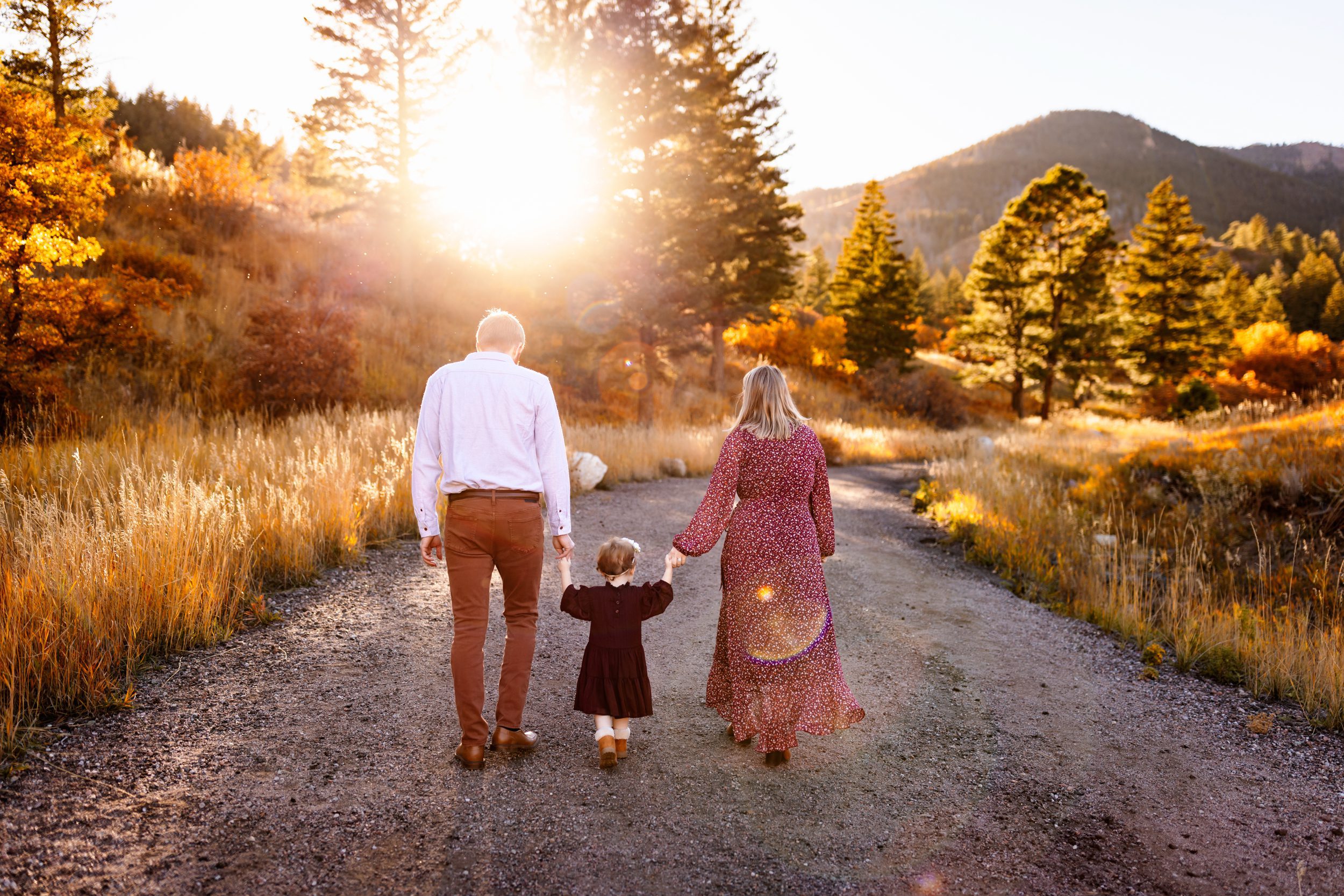 Family walking down a dirt road at sunset with golden light and fall colors in Colorado Springs Mini Sessions 2026