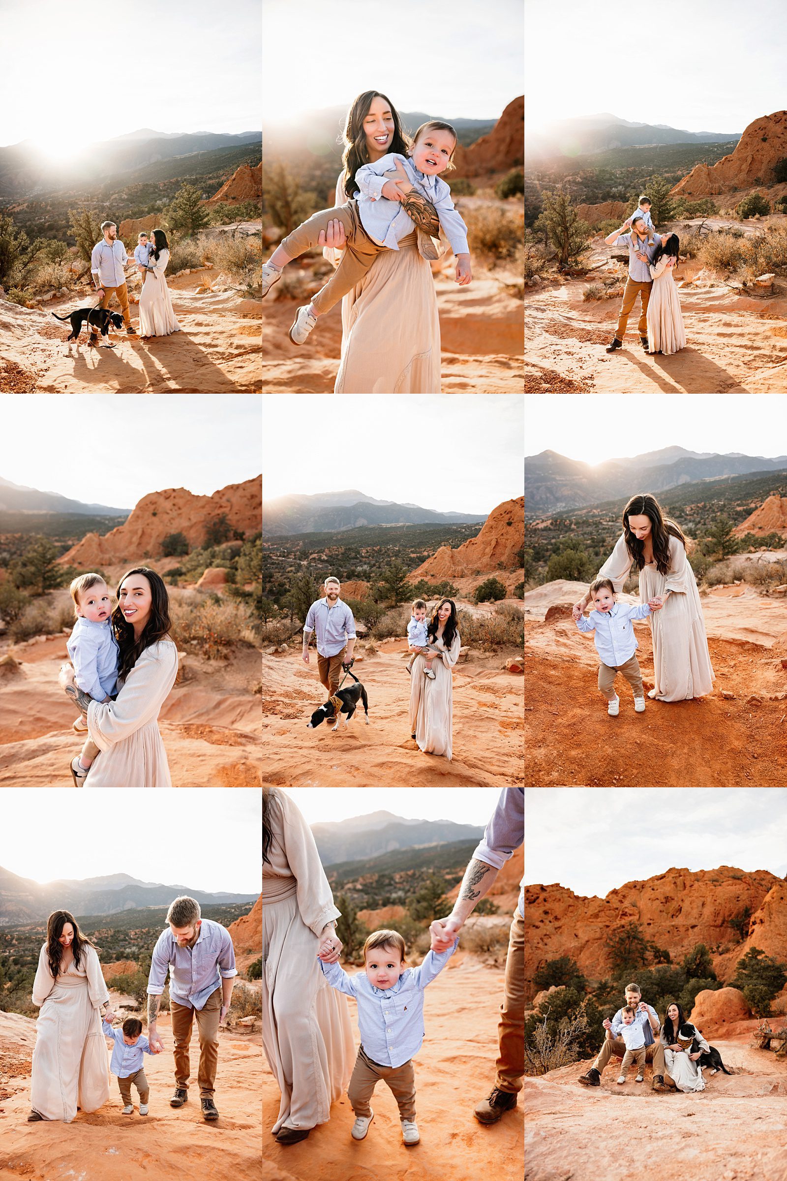 Garden of the Gods mini session collage with a family exploring red rock landscapes and mountain views at sunset