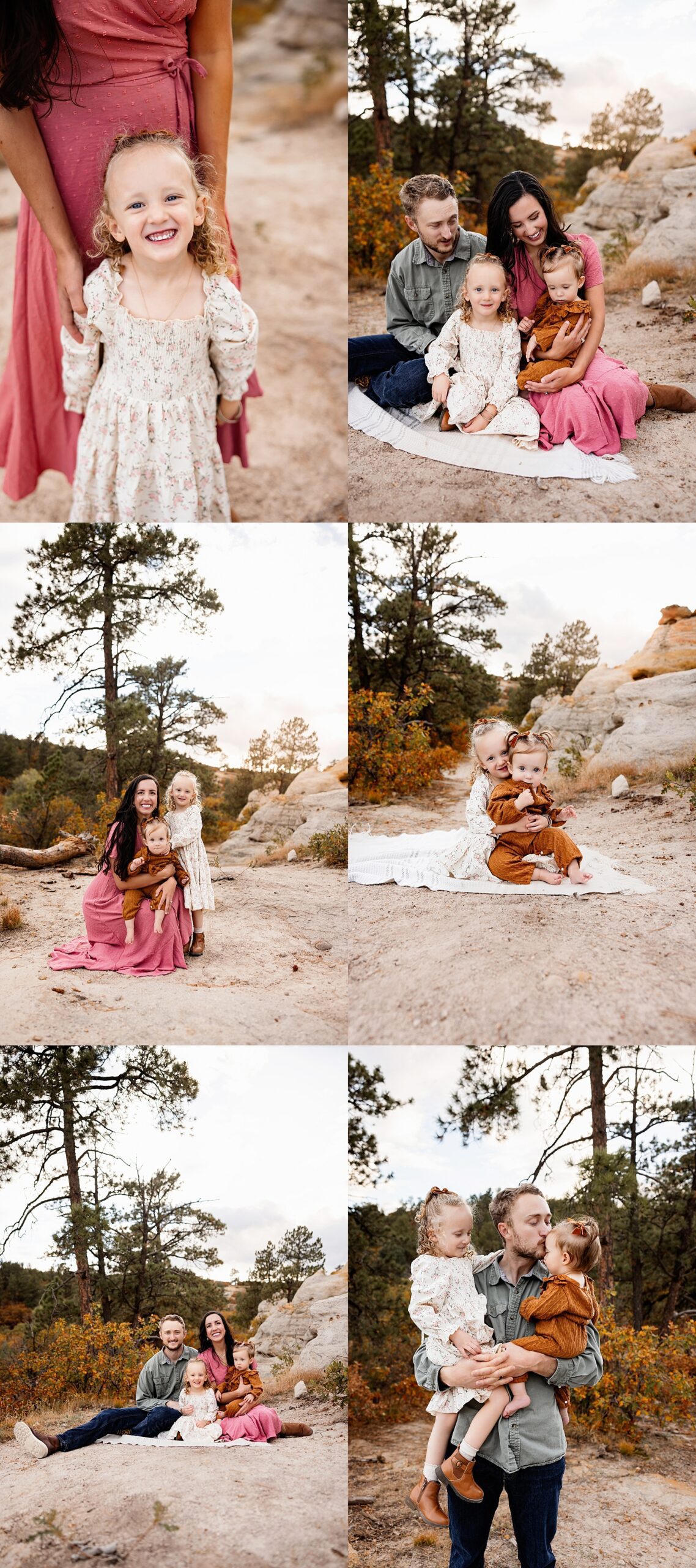 Family photos among sandstone rocks and fall trees during a relaxed outdoor session