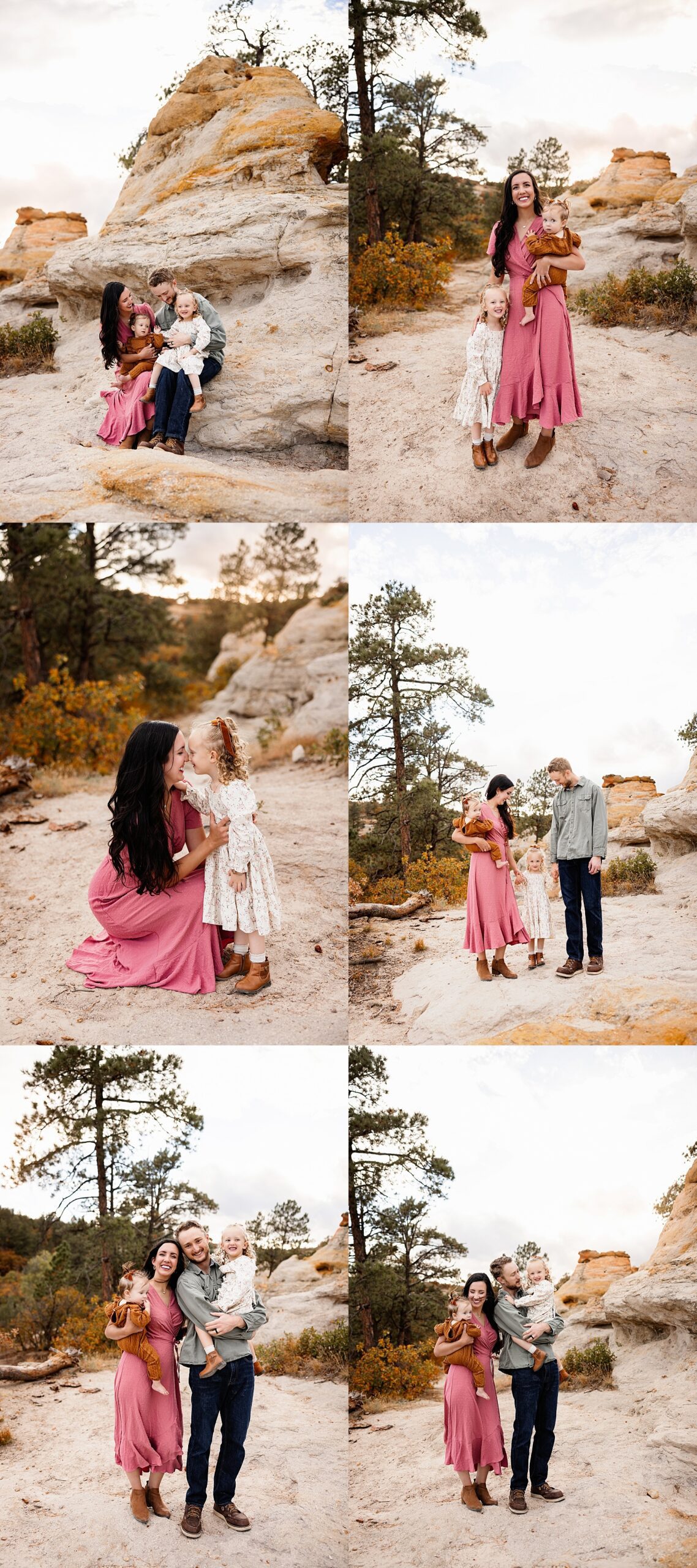 Mini session tips featuring a family with two young daughters sharing playful and candid moments on a blanket in a rocky outdoor setting