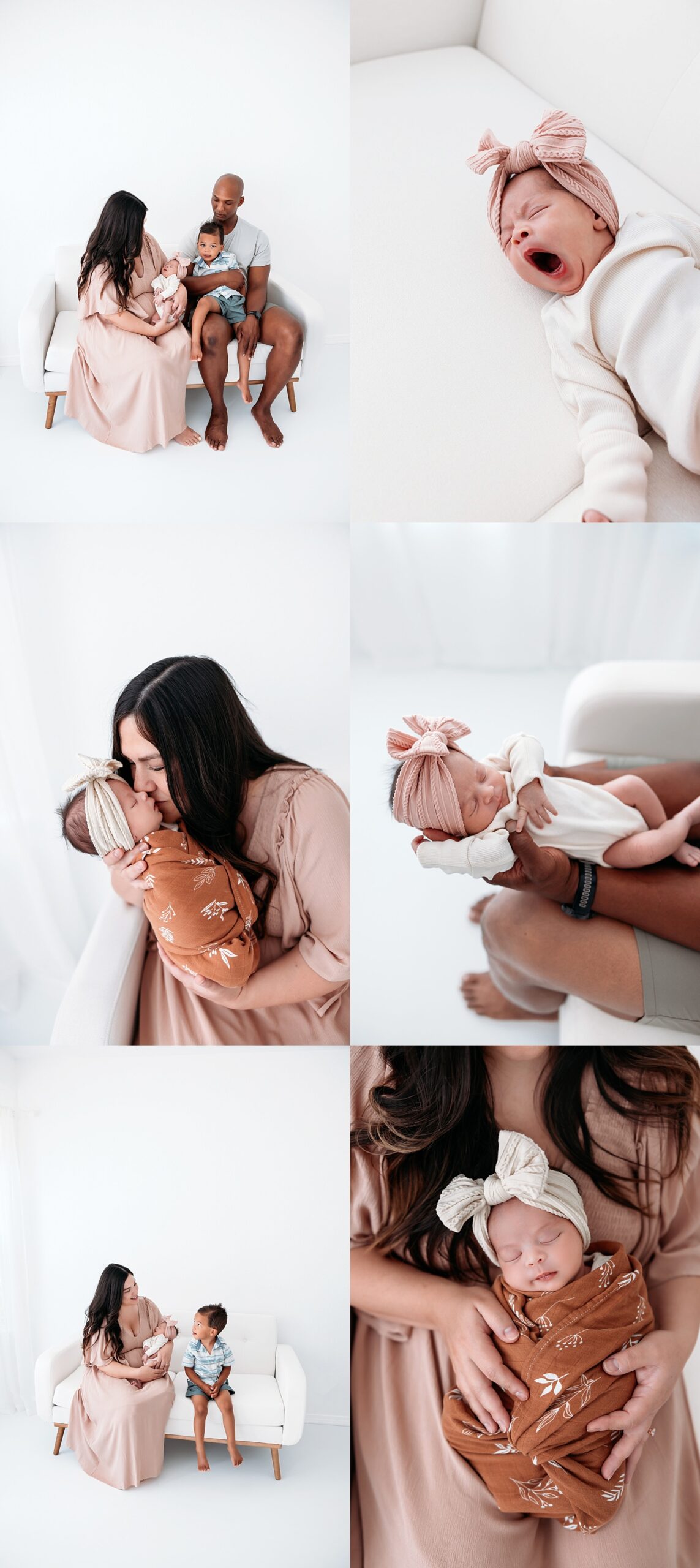 Newborn session in Colorado Springs featuring a family with toddler and baby in a bright white studio, including cuddled poses, baby details, and candid sibling moments