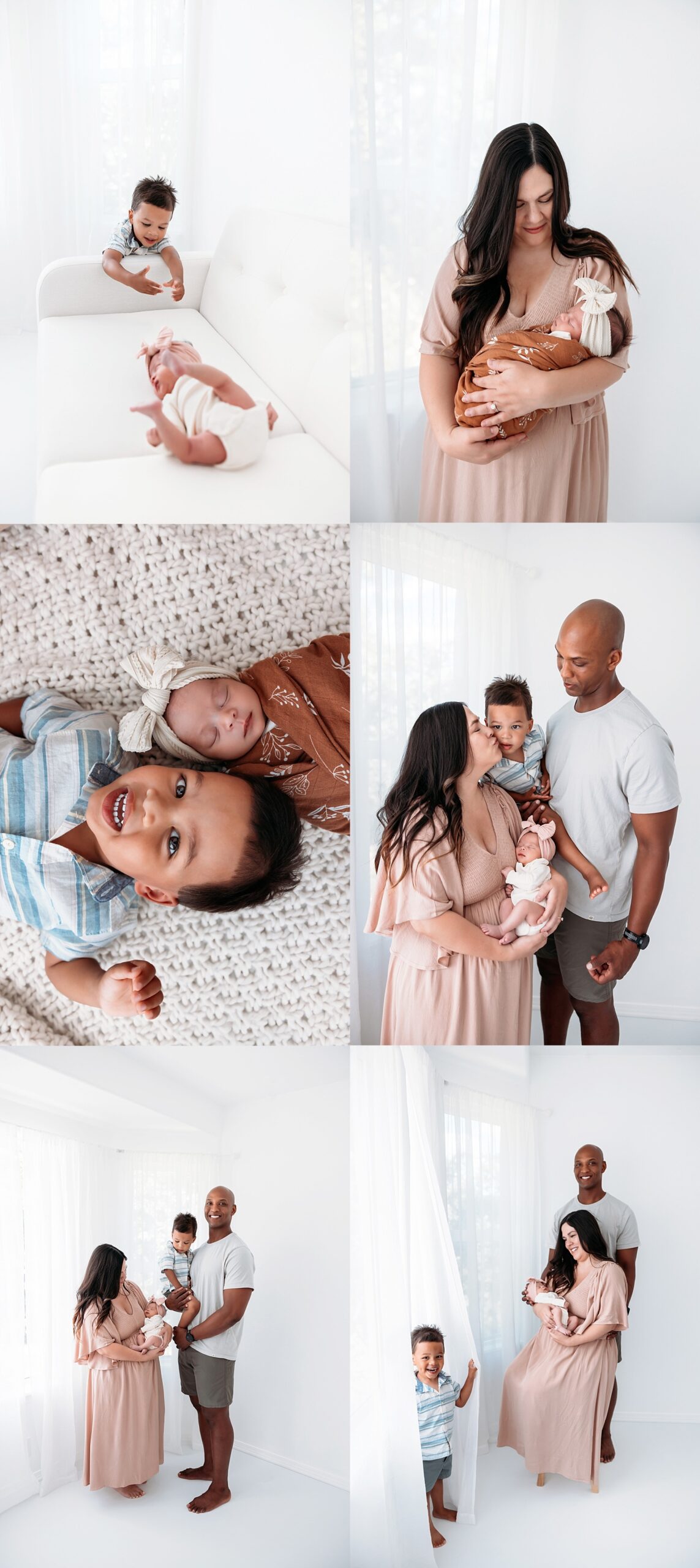 Studio family photos with parents, newborn, and toddler in soft neutral tones, capturing playful sibling interactions and relaxed family portraits