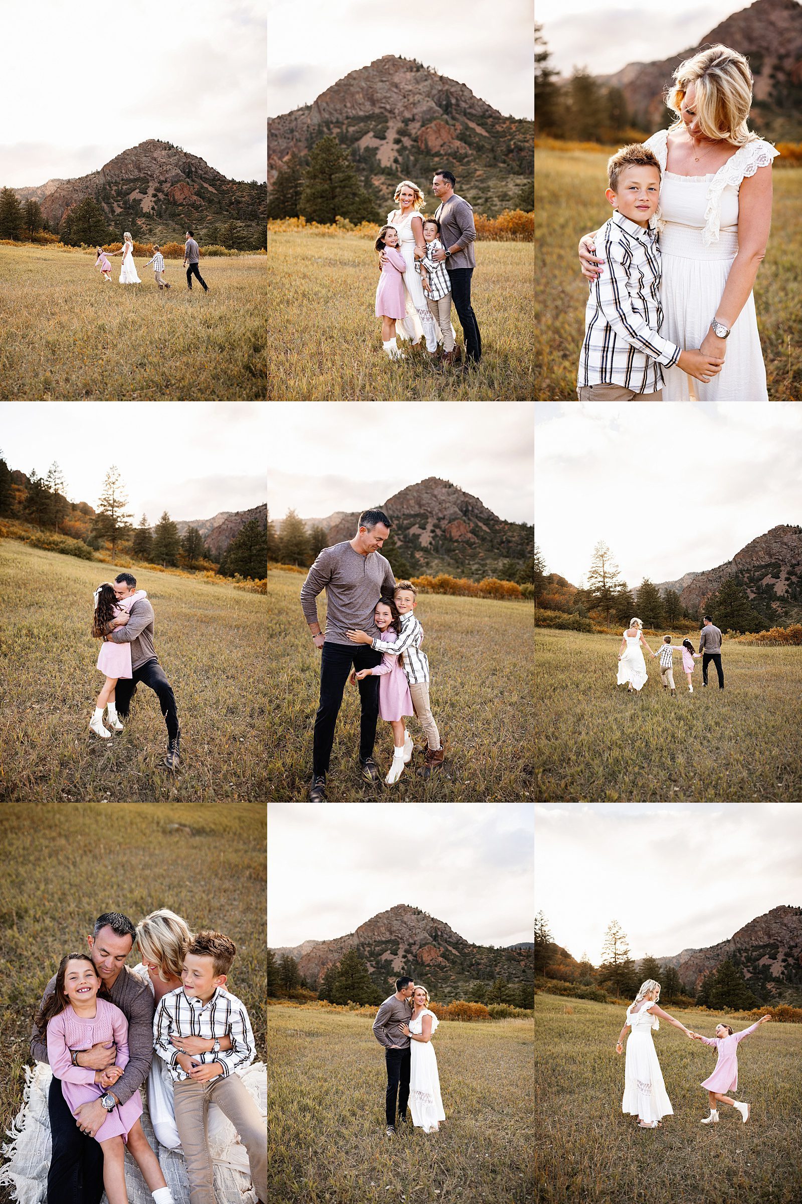 Golden hour family photos in North Cheyenne Canon featuring parents and kids laughing, running, and hugging in a grassy meadow with soft mountain light