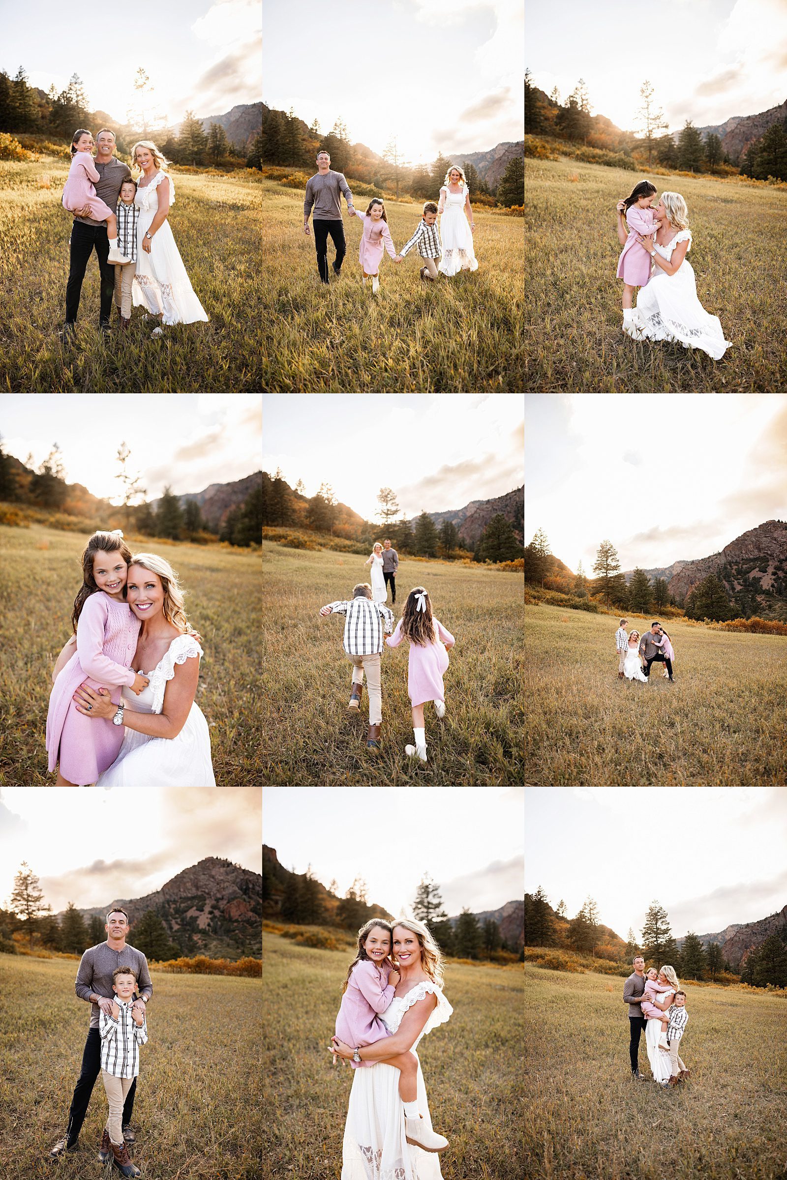 Family photos in North Cheyenne Canon with a playful family of four enjoying candid moments in an open field with mountain views at sunset