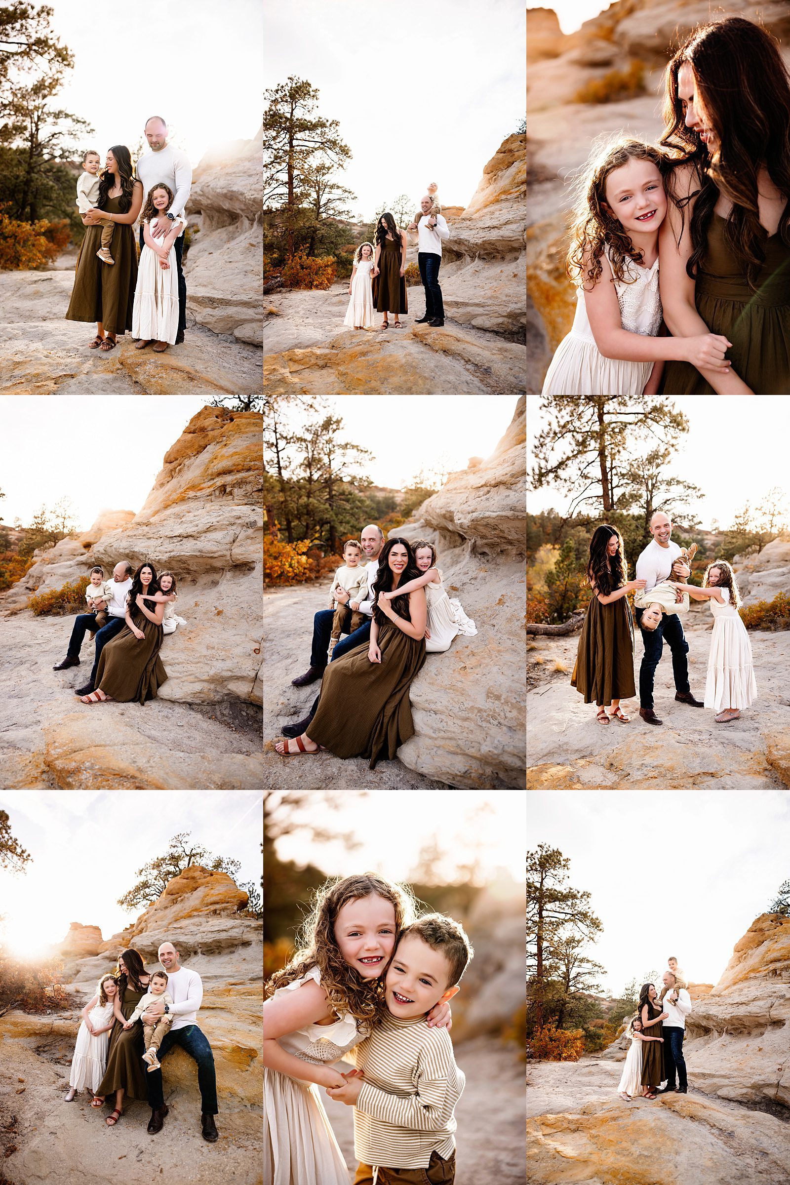 Palmer Park mini session collage featuring a family of four interacting on rocky formations with warm evening light and soft fall tones