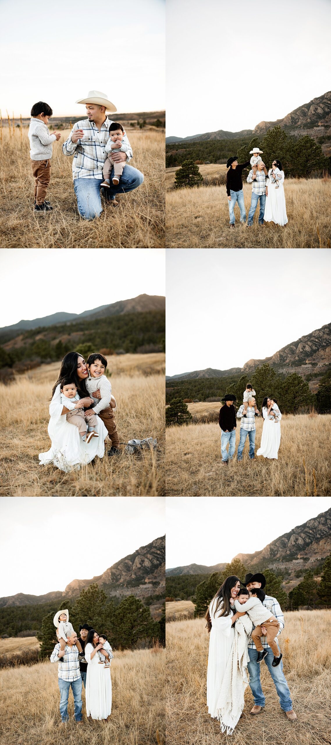 family of five sharing candid moments in a golden field with mountain views, including parents holding their young children, playful interactions, and warm hugs at sunset