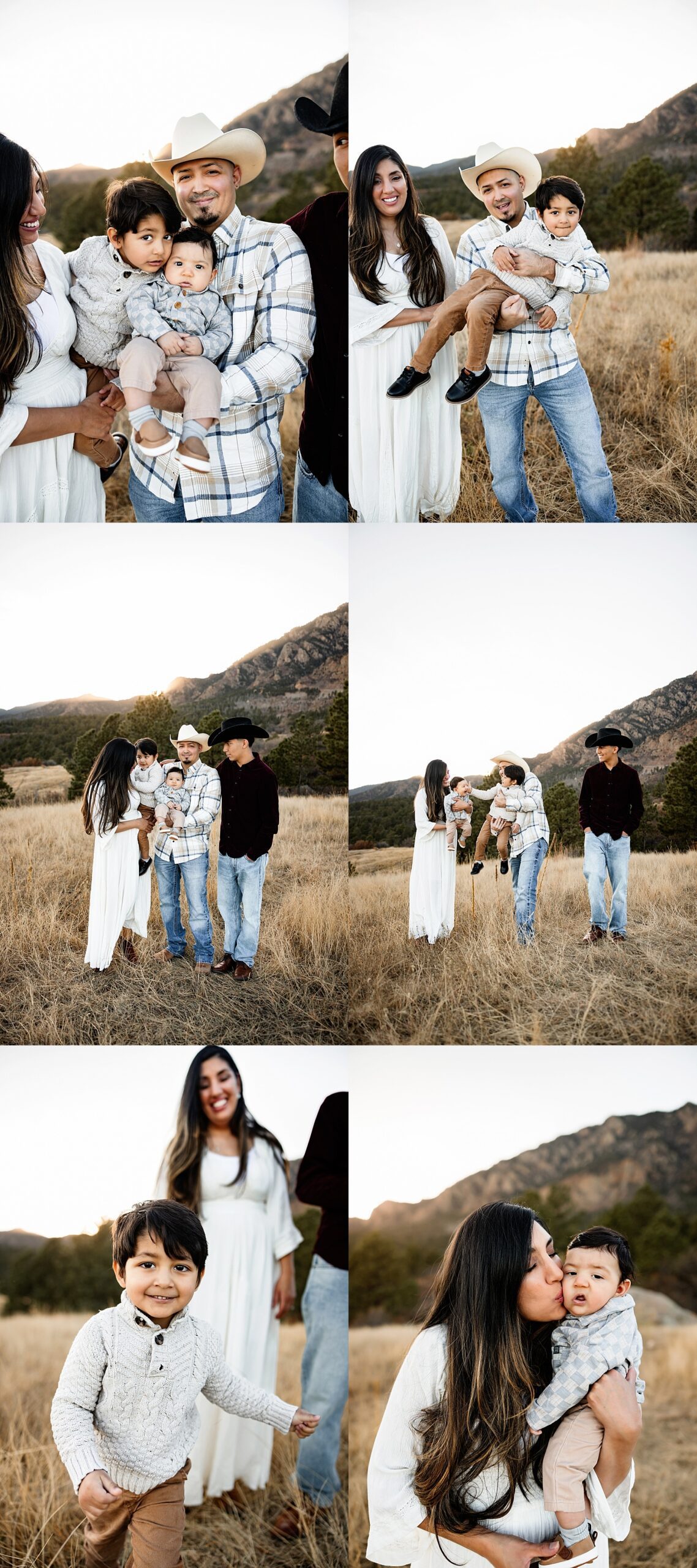 family with two young boys captured in close, joyful moments outdoors, featuring snuggles, laughter, and a mother kissing her baby in soft evening light
