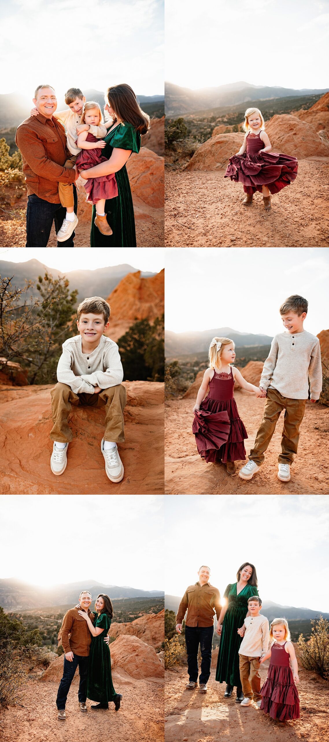 Holiday photos at Garden of the Gods featuring a family with two young children, capturing hugs, laughter, and connection against glowing red rock formations at golden hour