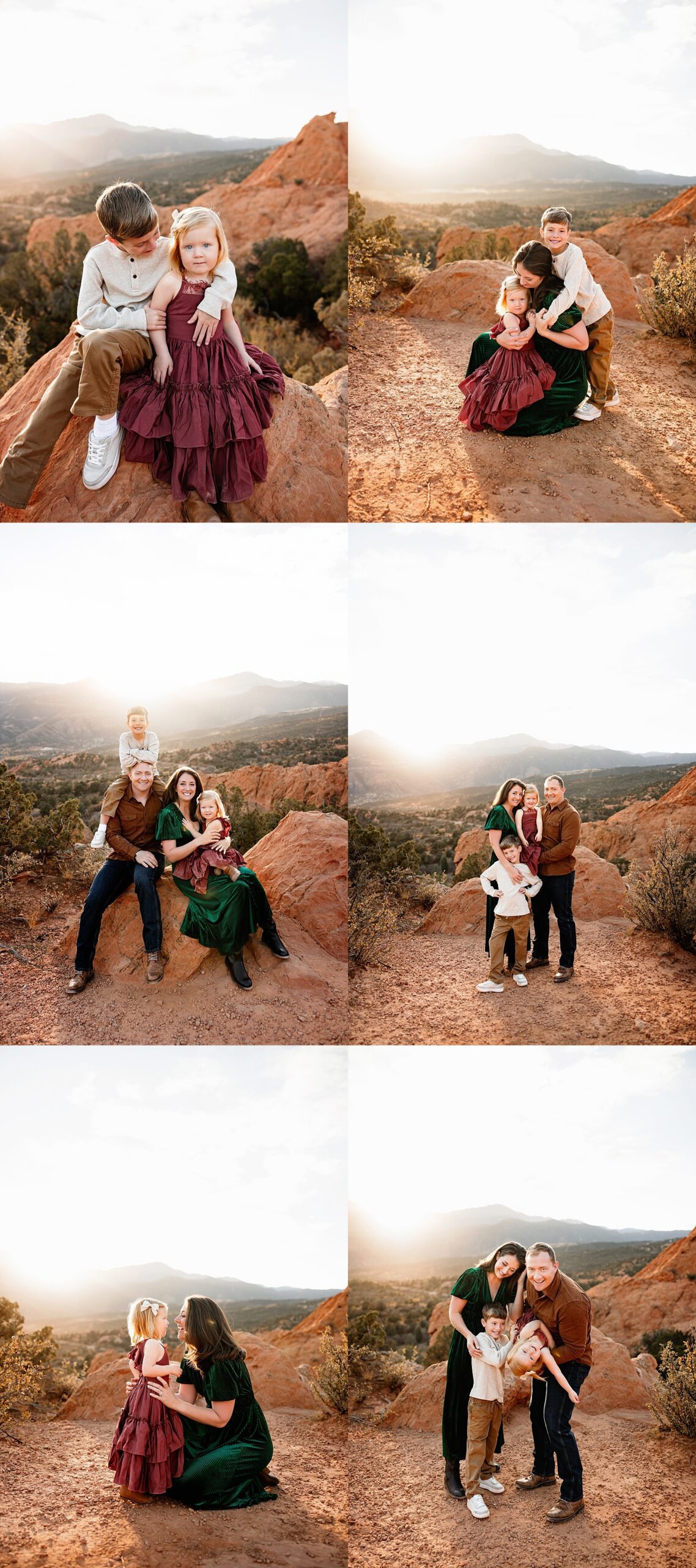 Family holiday photos at Garden of the Gods with candid moments of parents and kids on red rocks, playful sibling interactions, and warm sunset light over mountain views