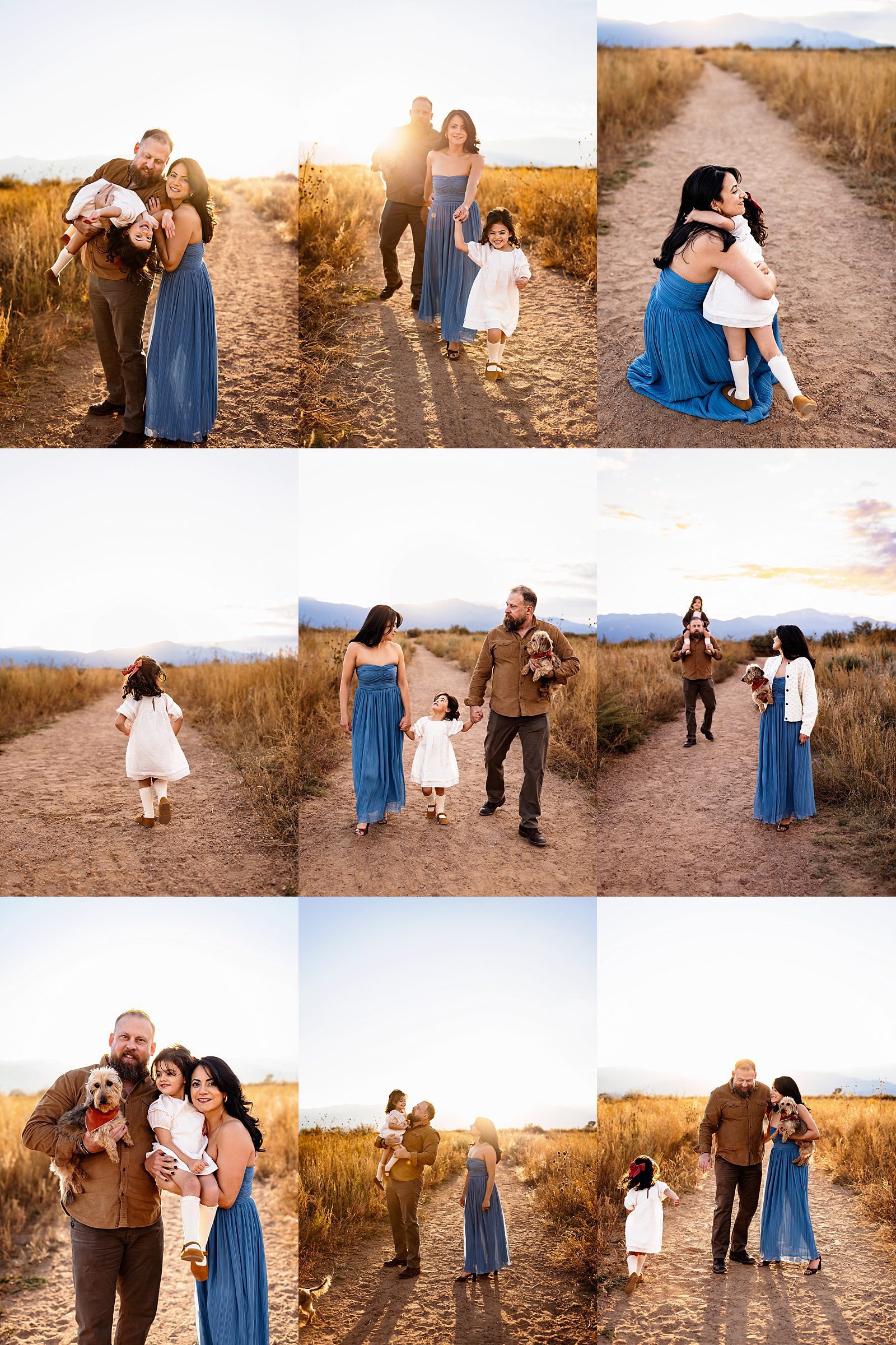Playful family mini session collage in an open field with parents, child, and dog enjoying golden hour light