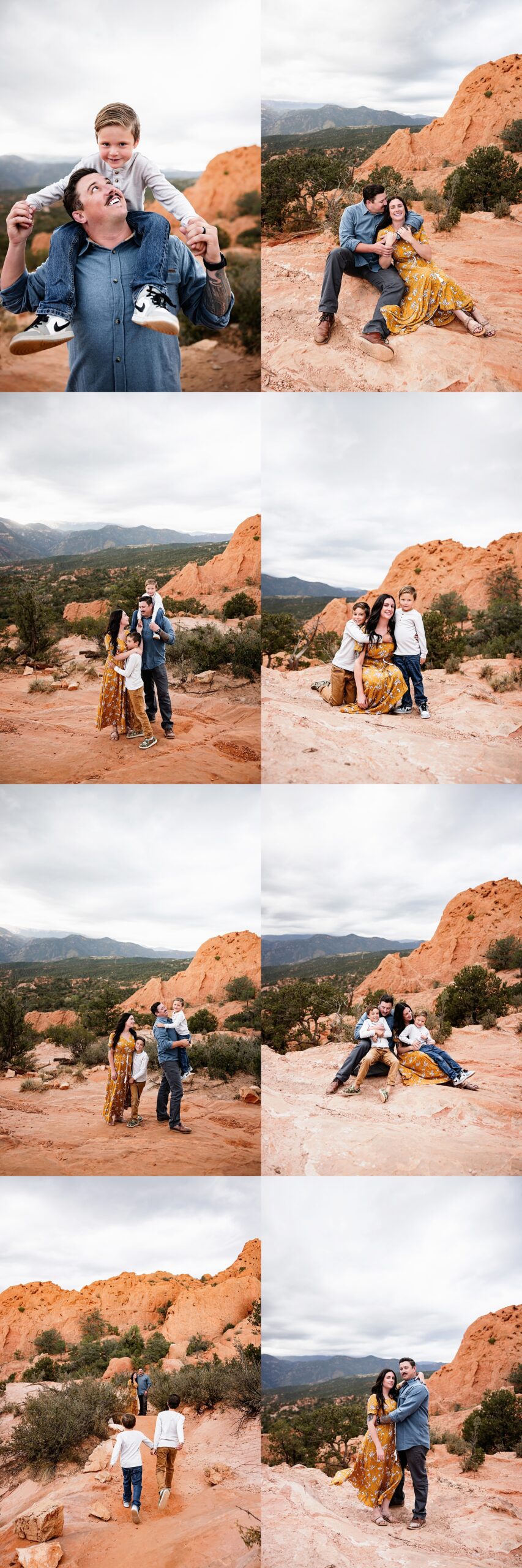 Family enjoying candid moments on red rock cliffs with mountains and cloudy skies, highlighting weather changes on your session day